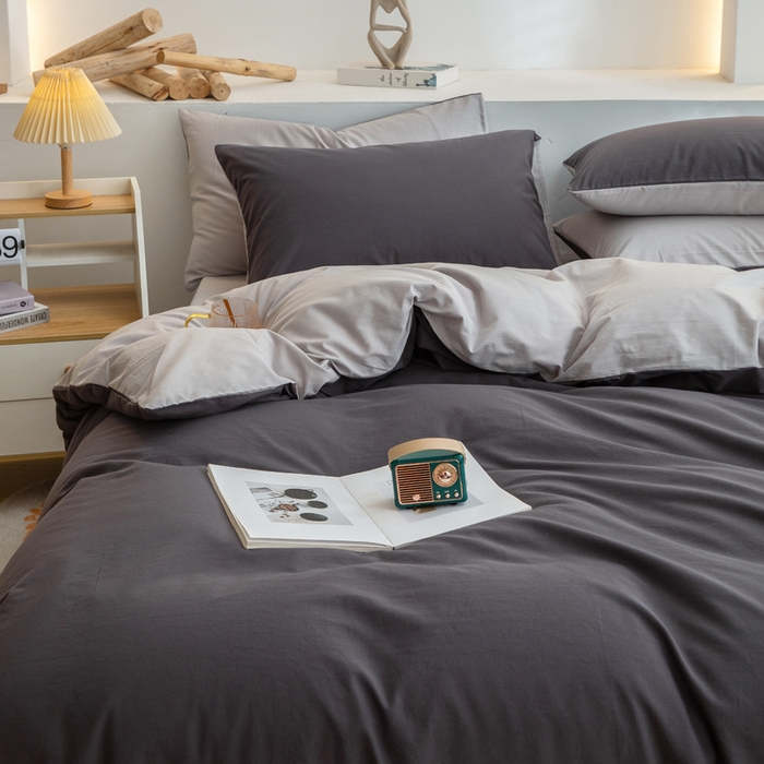 91家纺网 家纺一手货源 找家纺 2025新款全棉双拼水洗棉四件套 双拼-深灰浅灰