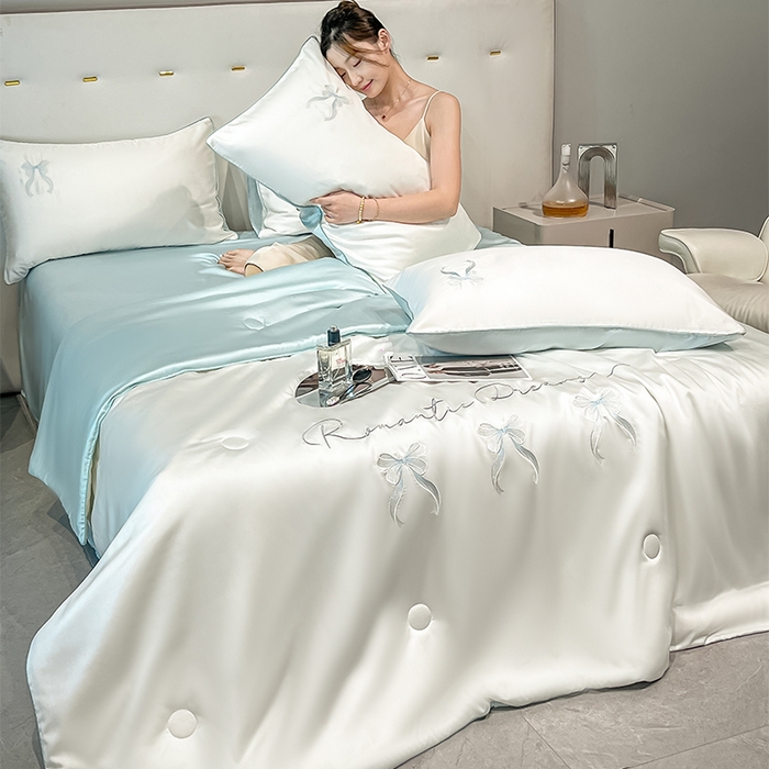 91家纺网 家纺一手货源 找家纺 如一 2025新款水洗冰丝麻绳夏被四件套-初夏 初夏-奶白蓝