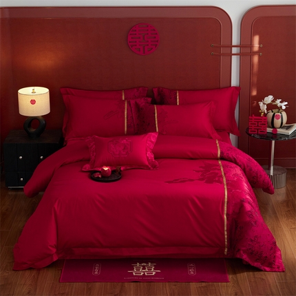 91家纺网 家纺一手货源 找家纺 （总）红番天婚庆 2025年新款新中式婚庆纯棉刺绣四件套-喜书系列