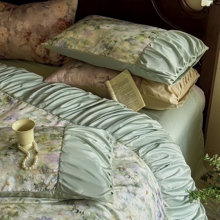 91家纺网 家纺一手货源 找家纺 艾米家居 2025新款A类天丝棉冰丝法式花边褶皱款四件套 绿野仙踪褶皱款