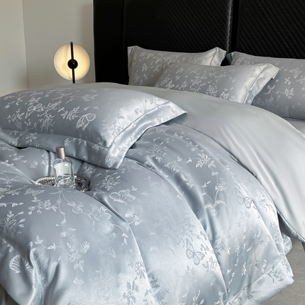 91家纺网 家纺一手货源 找家纺 金阳光家纺 2025春夏新款高奢提花水洗天丝四件套 玛丽-蝶灰
