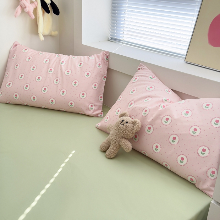 91家纺网 家纺一手货源 找家纺 花西夫人2025新款13372纯棉印花全棉四件套床单床笠款波点郁金香