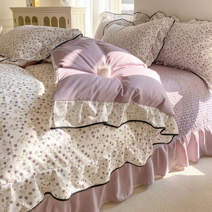 一比一2025新款赫本针织双层纱床盖四件套 小紫花