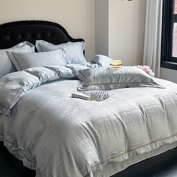 91家纺网 家纺一手货源 找家纺 优悦生活馆 2025新款冰丝亮丝提花四件套-白月光 水波蓝