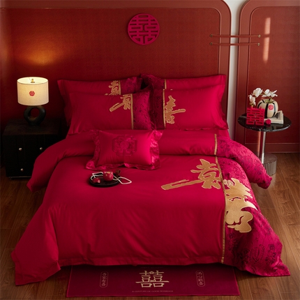 91家纺网 家纺一手货源 找家纺 红番天婚庆 2025年新款新中式婚庆纯棉刺绣四件套-喜书系列-喜书-金