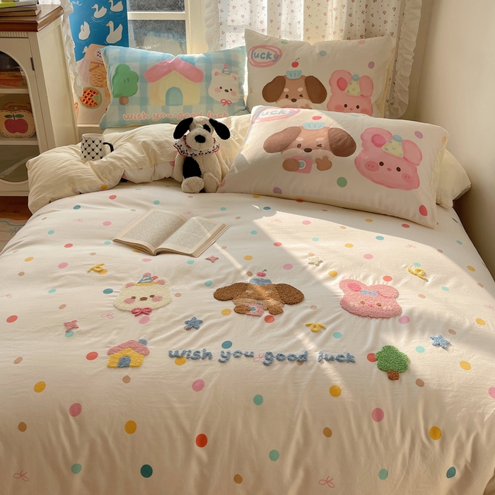 91家纺网 家纺一手货源 找家纺 慕澄家纺 2025新款毛巾绣小清新四件套 三小只