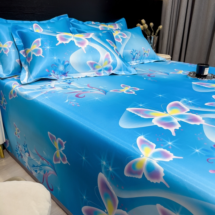 91家纺网 家纺一手货源 找家纺 许林家纺  2025新款冰丝凉席床单款凉席三件套 蓝色蝶海