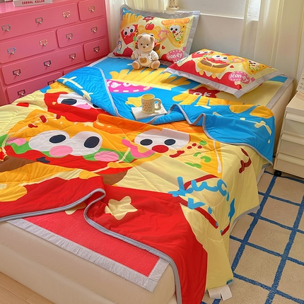 91家纺网 家纺一手货源 找家纺 希诺2025新款大版卡通冰丝席夏被凉席四件套 薯条汉堡