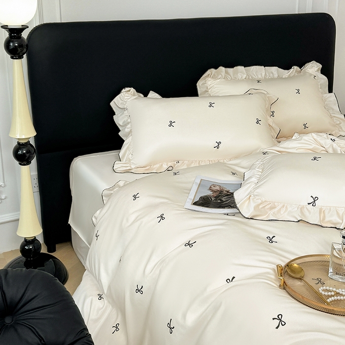 91家纺网 家纺一手货源 找家纺 （总）老K (原美阁） 2025新款夏季轻奢水洗真丝四件套 花边高级感韩版冰丝四件套