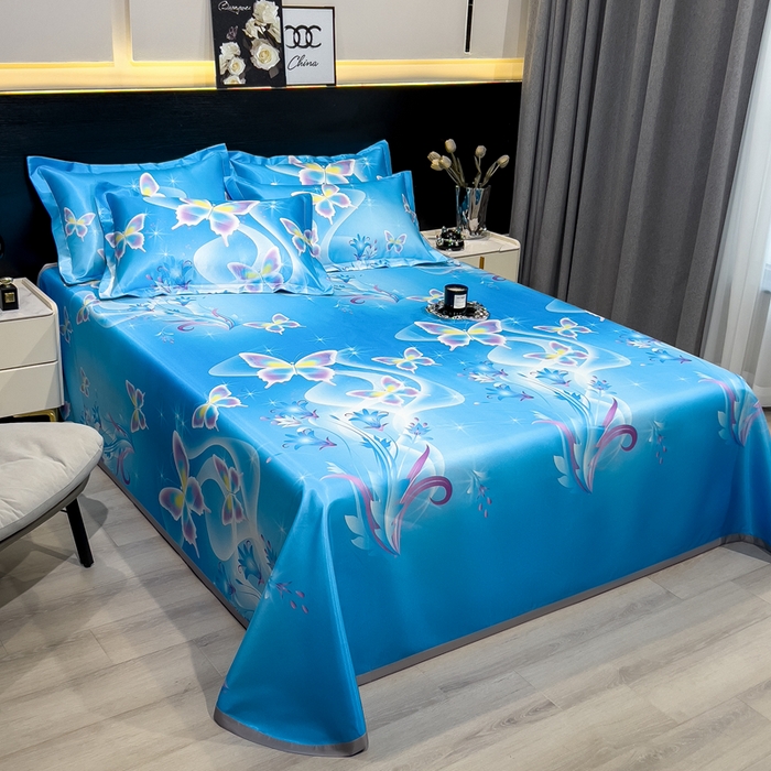 91家纺网 家纺一手货源 找家纺 许林家纺  2025新款冰丝凉席床单款凉席三件套 蓝色蝶海