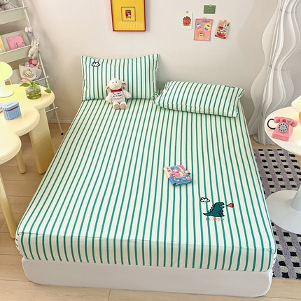 雅居纺家纺 2025春夏新款全棉纯棉绣花A类老粗布单床笠床笠单件 老粗布-Happy恐龙