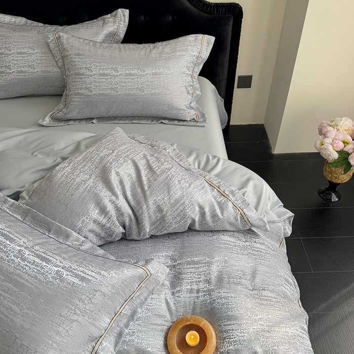 91家纺网 家纺一手货源 找家纺 优悦生活馆 2025新款冰丝亮丝提花四件套-白月光 星辰灰