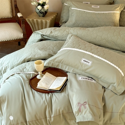 宏羽纺 2025新款全棉绗缝加厚磨毛四件套 灰调绿