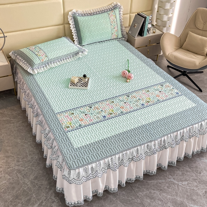 91家纺网 家纺一手货源 找家纺 麋兔 2025新款冰丝床裙乳胶凉席席子 雨花