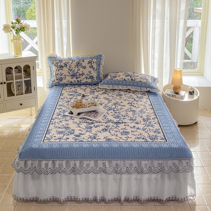 91家纺网 家纺一手货源 找家纺 麋兔 2025新款冰丝床裙乳胶凉席席子 花幽兰