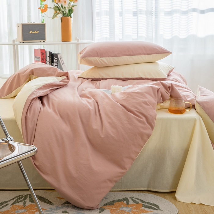 91家纺网 家纺一手货源 找家纺 2025新款全棉双拼水洗棉四件套 双拼-豆沙奶黄