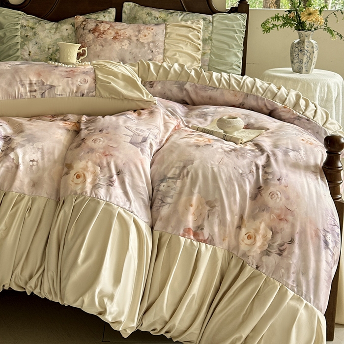 91家纺网 家纺一手货源 找家纺 艾米家居 2025新款A类天丝棉冰丝法式花边褶皱款四件套 秘密花园皱褶款