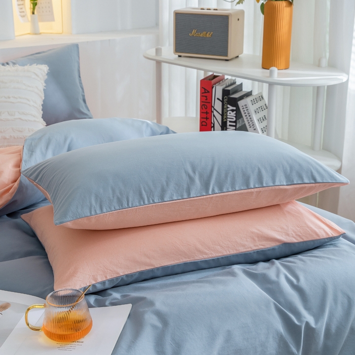 91家纺网 家纺一手货源 找家纺 2025新款全棉双拼水洗棉四件套 双拼-浅蓝粉