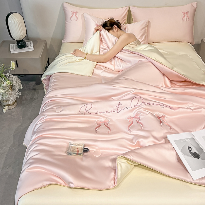 91家纺网 家纺一手货源 找家纺 如一 2025新款水洗冰丝麻绳夏被四件套-初夏 初夏-粉米