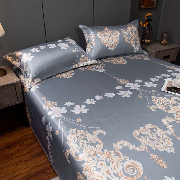 91家纺网 家纺一手货源 找家纺 许林 2025新款冰丝凉席床单款凉席三件套-落英缤纷-灰