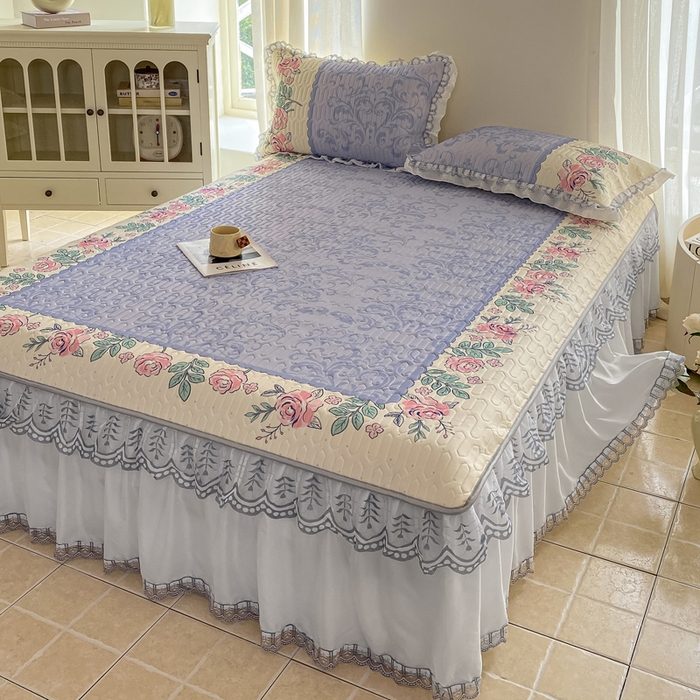 91家纺网 家纺一手货源 找家纺 麋兔 2025新款冰丝床裙乳胶凉席席子 紫蔓