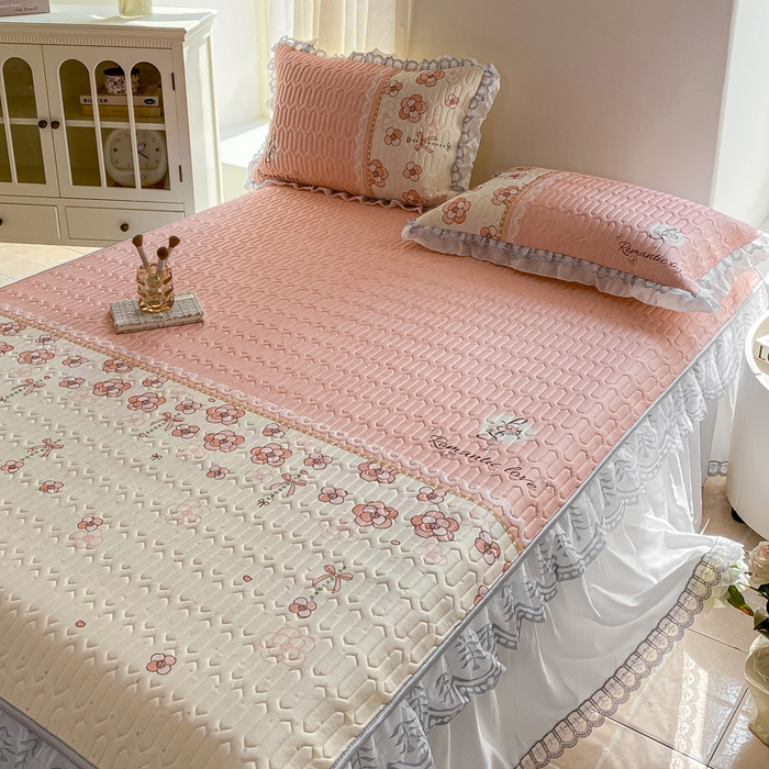 91家纺网 家纺一手货源 找家纺 麋兔 2025新款冰丝床裙乳胶凉席席子 桃花韵