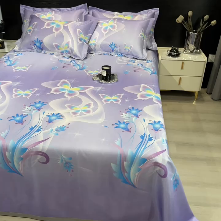 91家纺网 家纺一手货源 找家纺 许林 2025新款冰丝凉席床单款凉席三件套-紫色蝶海