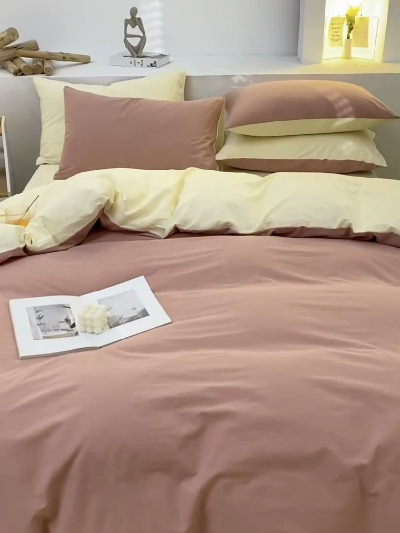 91家纺网 家纺一手货源 找家纺 2025新款全棉双拼水洗棉四件套 双拼-豆沙奶黄