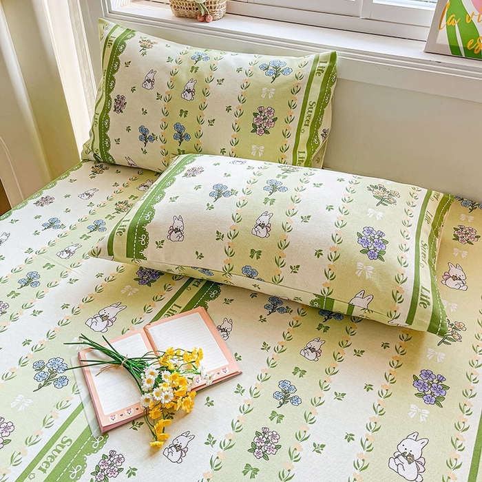 91家纺网 家纺一手货源 找家纺 晓时候2025新款老粗布床笠凉席 田园小兔