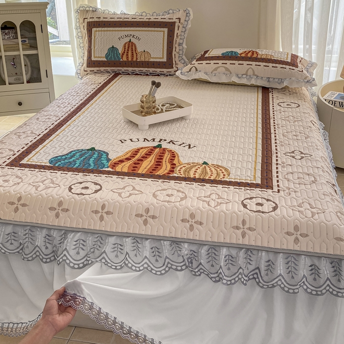 91家纺网 家纺一手货源 找家纺 麋兔 2025新款冰丝床裙乳胶凉席席子 南瓜