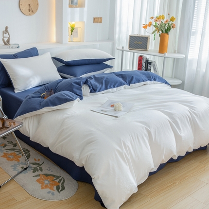 2025新款全棉双拼水洗棉四件套 双拼-奶白深蓝