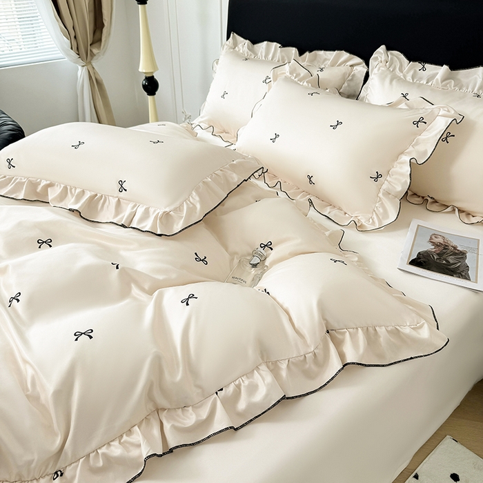 91家纺网 家纺一手货源 找家纺 （总）老K (原美阁） 2025新款夏季轻奢水洗真丝四件套 花边高级感韩版冰丝四件套