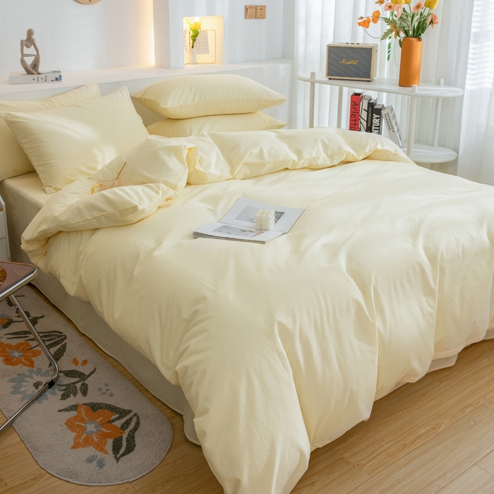 91家纺网 家纺一手货源 找家纺 2025新款全棉双拼水洗棉四件套 双拼-奶黄