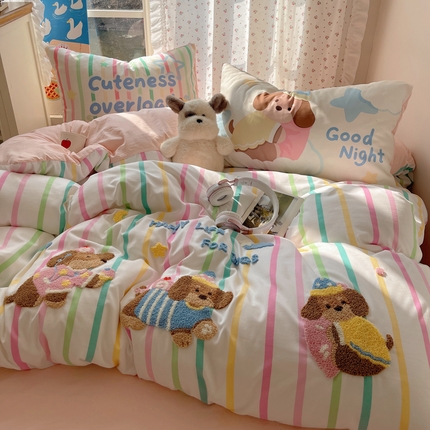 慕澄家纺 2025新款毛巾绣小清新四件套 彩条狗狗