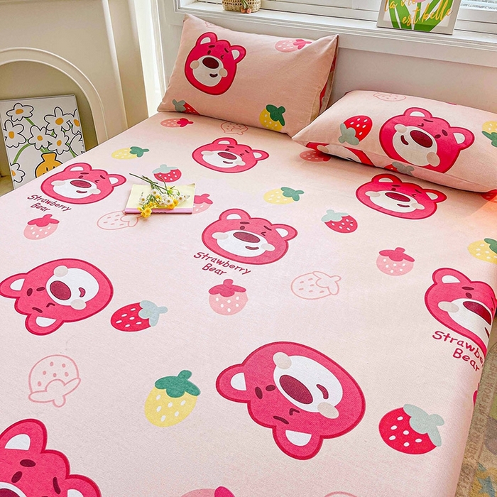 91家纺网 家纺一手货源 找家纺 晓时候2025新款老粗布床笠凉席 草莓熊