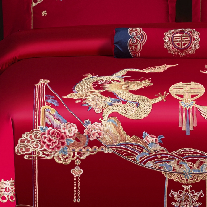 91家纺网 家纺一手货源 找家纺 慕她家纺 2025新款慕她婚庆四件套全棉纯棉结婚刺绣花多件套六八十床品 吉祥龙凤