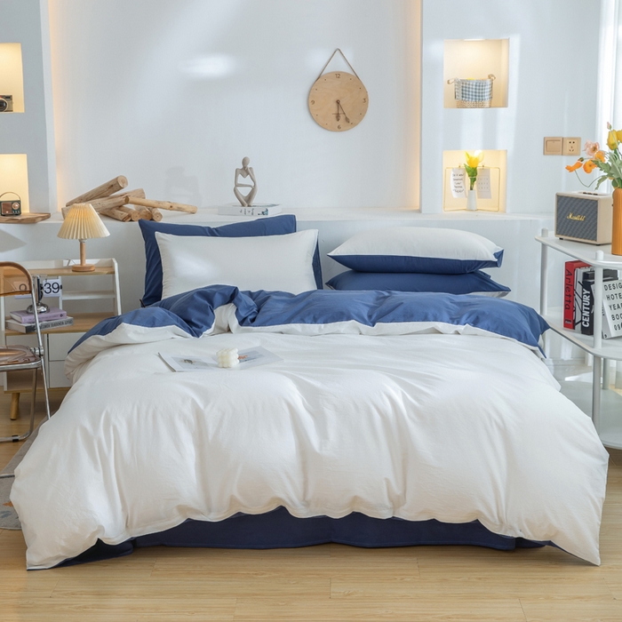 91家纺网 家纺一手货源 找家纺 2025新款全棉双拼水洗棉四件套 双拼-奶白深蓝