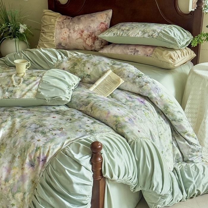 91家纺网 家纺一手货源 找家纺 （总）艾米家居 2025新款A类天丝棉冰丝法式花边褶皱款四件套