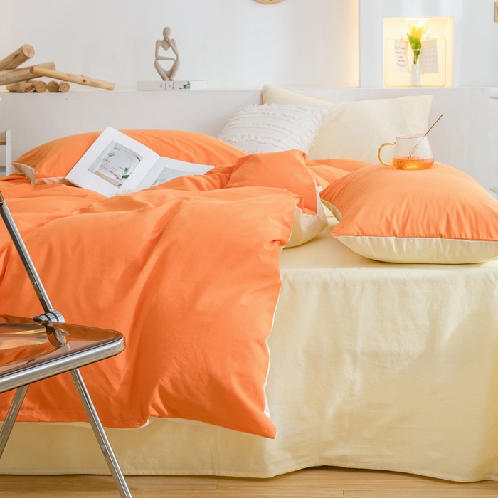 91家纺网 家纺一手货源 找家纺 2025新款全棉双拼水洗棉四件套 双拼-桔浅米