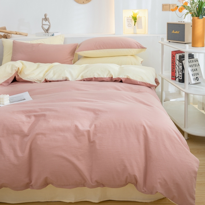 91家纺网 家纺一手货源 找家纺 2025新款全棉双拼水洗棉四件套 双拼-豆沙奶黄