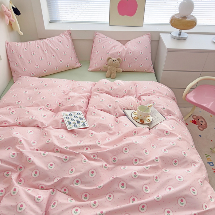 91家纺网 家纺一手货源 找家纺 花西夫人2025新款13372纯棉印花全棉四件套床单床笠款波点郁金香