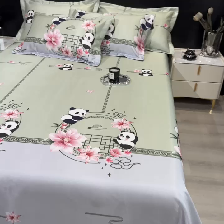 91家纺网 家纺一手货源 找家纺 许林家纺  2025新款冰丝凉席床单款凉席三件套 熊猫