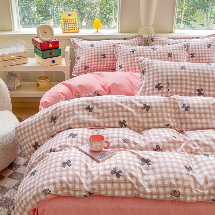 91家纺网 家纺一手货源 找家纺 佑佳家纺 2025年新款铂金棉芦荟棉学生三件套四件套 单被套 单枕套「支持定做各种尺寸」 蝴蝶结-粉