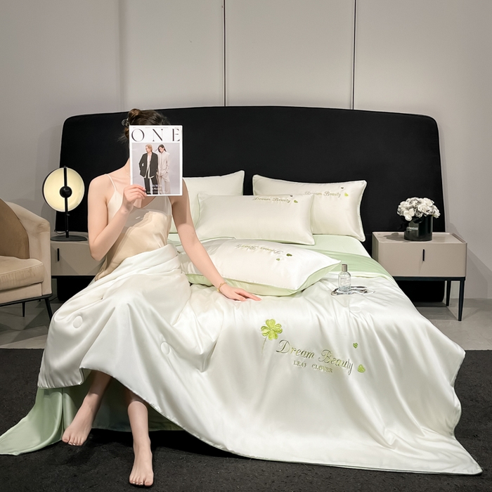 91家纺网 家纺一手货源 找家纺 如一 2025新款水洗冰丝麻绳夏被四件套-四叶草 四叶草-奶白绿