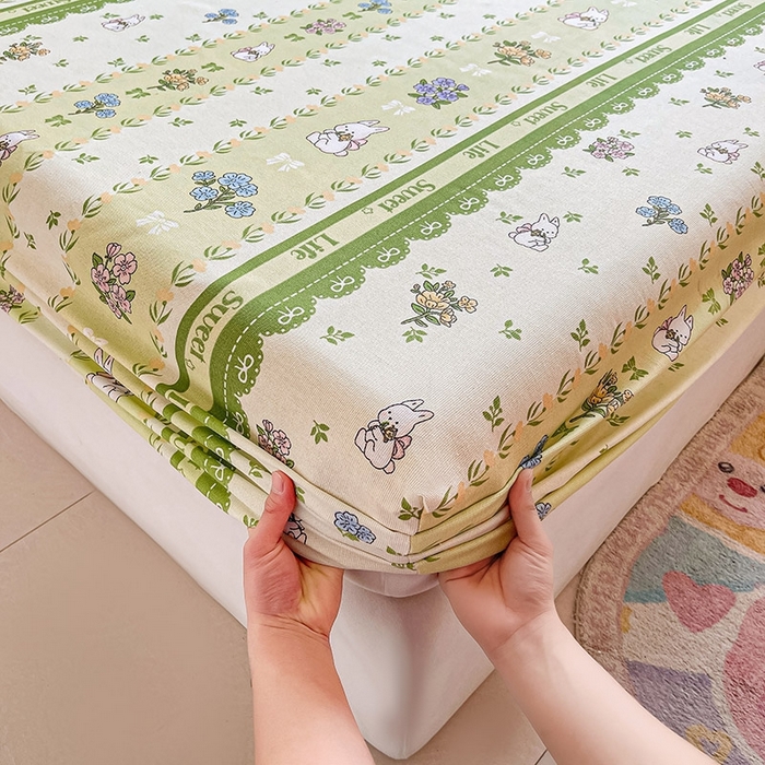 91家纺网 家纺一手货源 找家纺 晓时候2025新款老粗布床笠凉席 田园小兔