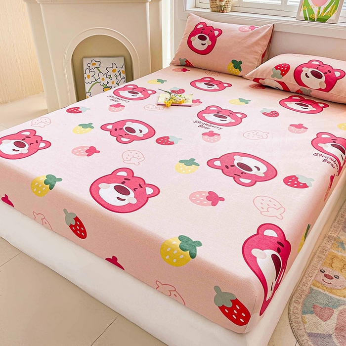 91家纺网 家纺一手货源 找家纺 晓时候2025新款老粗布床笠凉席 草莓熊