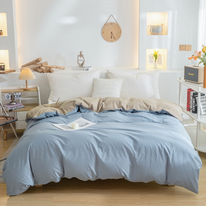 91家纺网 家纺一手货源 找家纺 2025新款全棉双拼水洗棉四件套 双拼-浅蓝卡其