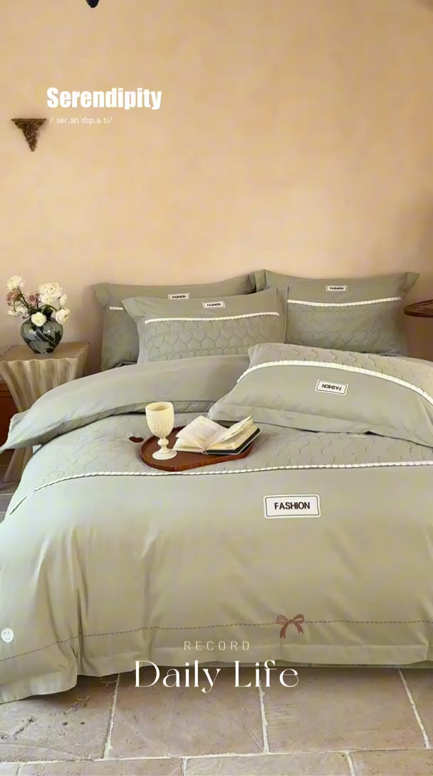 91家纺网 家纺一手货源 找家纺 宏羽纺 2025新款全棉绗缝加厚磨毛四件套 灰调绿