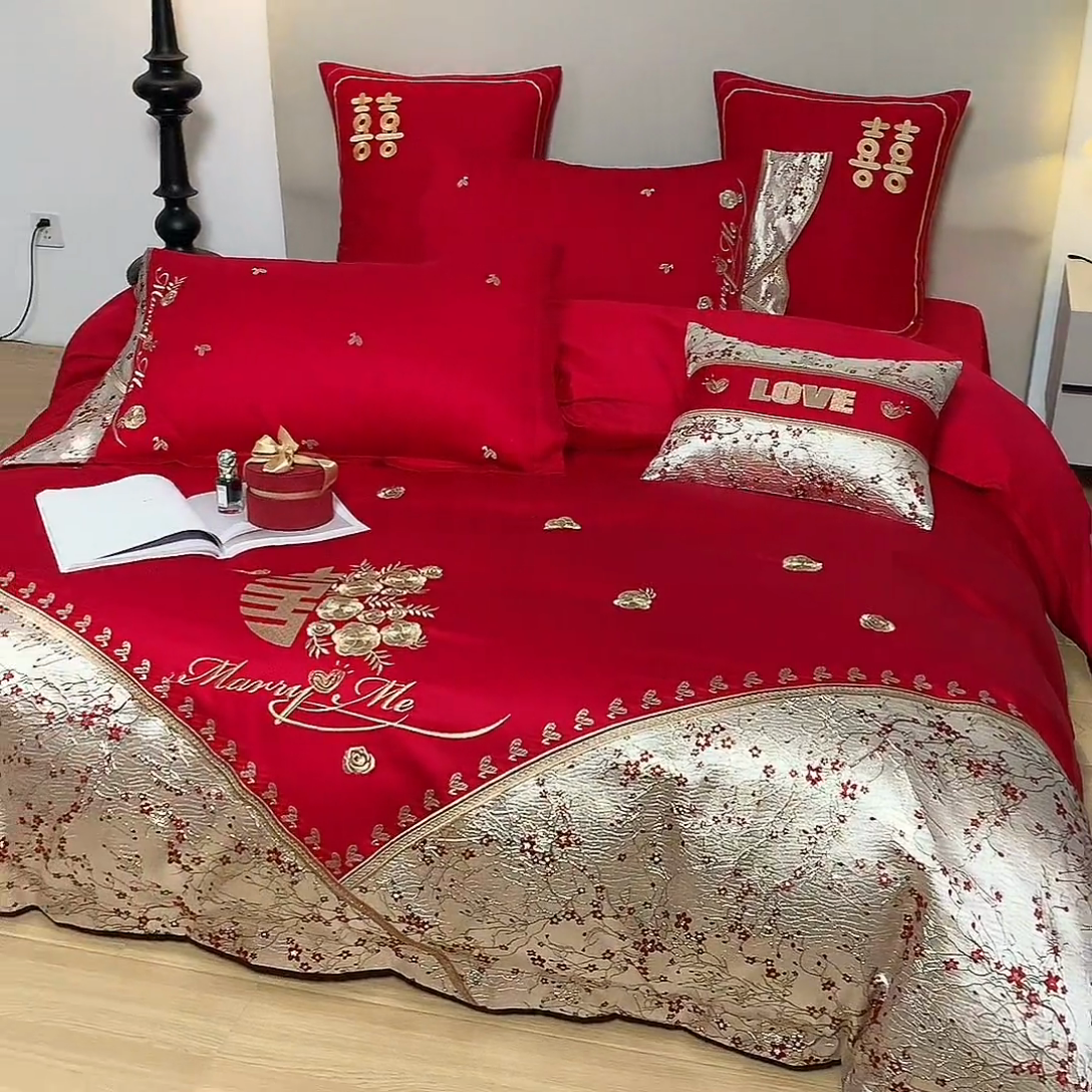 91家纺网 家纺一手货源 找家纺 （总）宏羽纺家纺2025新款13372全棉全工艺喷气四件套-最美嫁衣