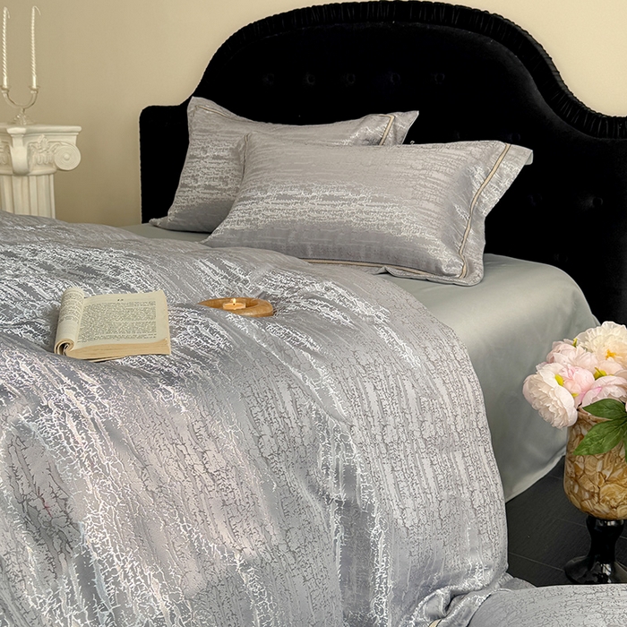 91家纺网 家纺一手货源 找家纺 优悦生活馆 2025新款冰丝亮丝提花四件套-白月光 星辰灰